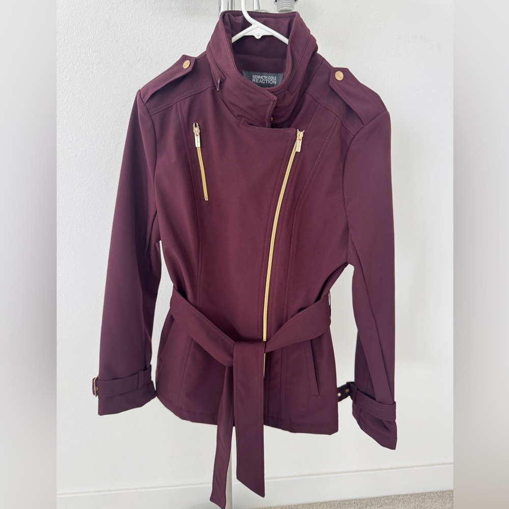 Kenneth Cole Women's Belted Burgundy Jacket with Gold Accents, Medium